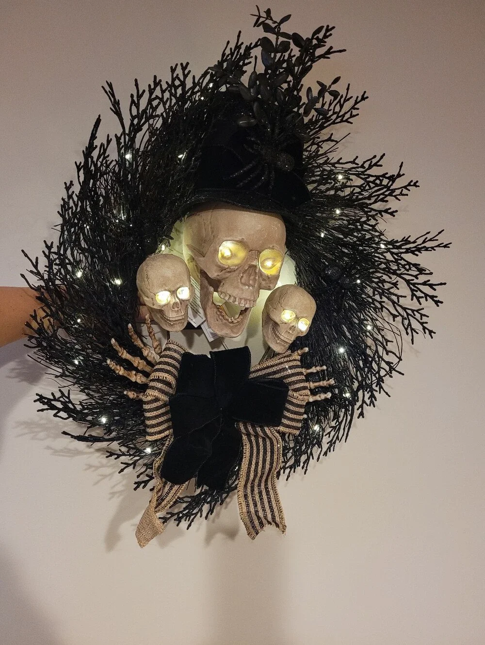 Grammercy Studio Halloween Top Hat Skeleton Skull Wreath with Bows